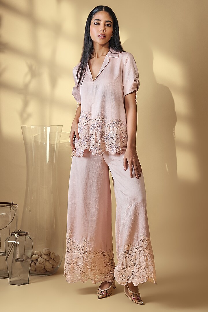 Blush Pink Velour Satin Lace Embroidered Co-Ord Set by Babita Malkani at Pernia's Pop Up Shop