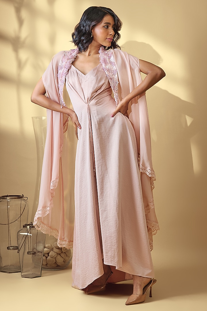 Blush Pink Velour Satin Maxi Vacation Dress With Cape by Babita Malkani at Pernia's Pop Up Shop