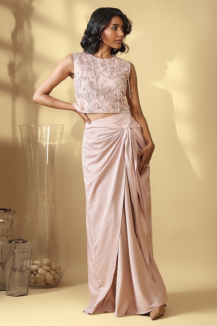 Blush Pink Velour Satin Draped Skirt Set by Babita Malkani at Pernia's Pop Up Shop