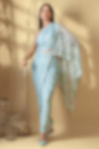 Mint Blue Velour Satin Draped Wedding Gown Saree by Babita Malkani at Pernia's Pop Up Shop