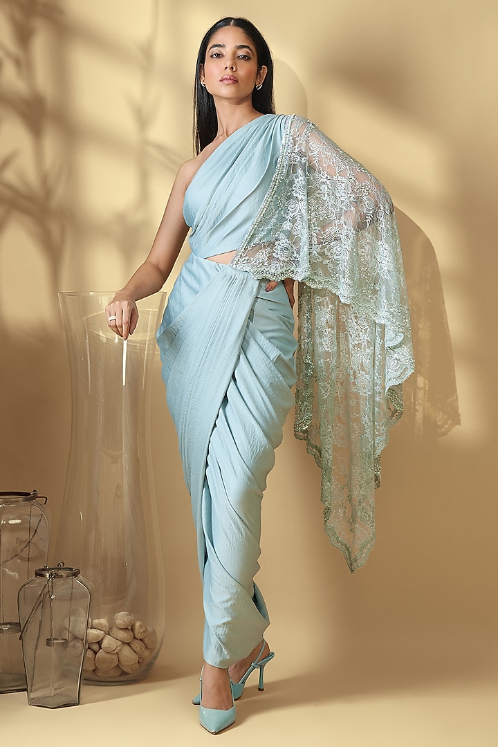 Mint Blue Velour Satin Draped Wedding Gown Saree by Babita Malkani at Pernia's Pop Up Shop