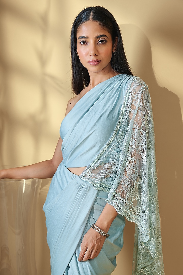 Mint Blue Velour Satin Draped Wedding Gown Saree by Babita Malkani at Pernia's Pop Up Shop