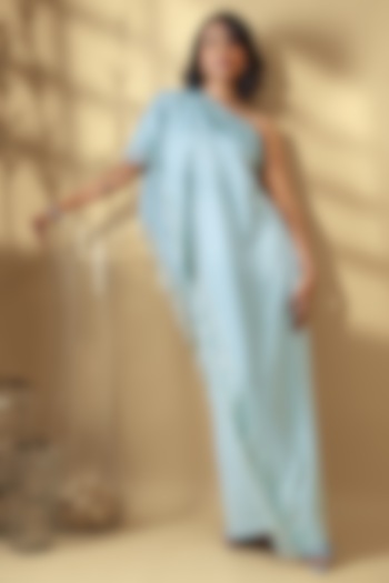 Mint Blue Velour Satin Sequin Embroidered One-Shoulder Jumpsuit by Babita Malkani at Pernia's Pop Up Shop