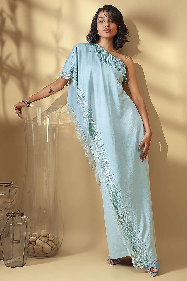 Mint Blue Velour Satin Sequin Embroidered One-Shoulder Jumpsuit by Babita Malkani at Pernia's Pop Up Shop