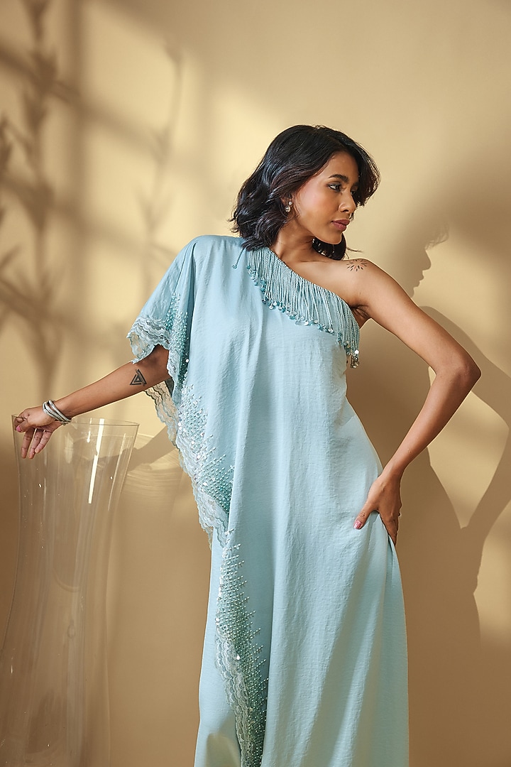 Mint Blue Velour Satin Sequin Embroidered One-Shoulder Jumpsuit by Babita Malkani at Pernia's Pop Up Shop