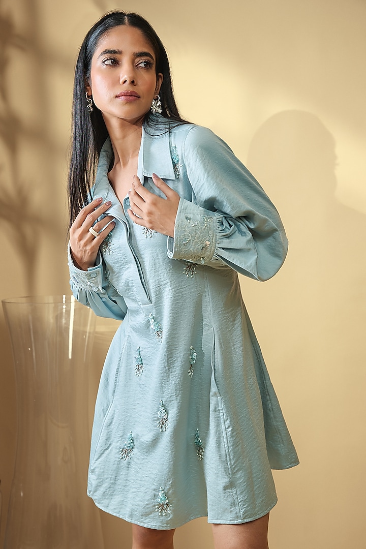 Mint Blue Velour Satin Sequin Embroidered Vacation Dress by Babita Malkani at Pernia's Pop Up Shop