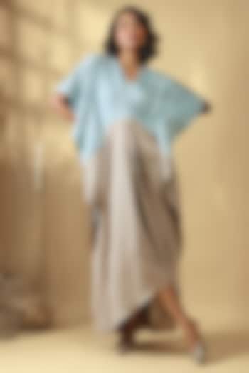Mint Blue & Dusty Nude Velour Satin Embroidered Kaftan Dress by Babita Malkani at Pernia's Pop Up Shop