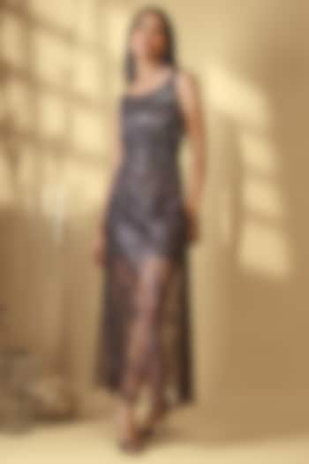 Charcoal Grey Velour Satin Sequin Embroidered Vacation Dress by Babita Malkani at Pernia's Pop Up Shop