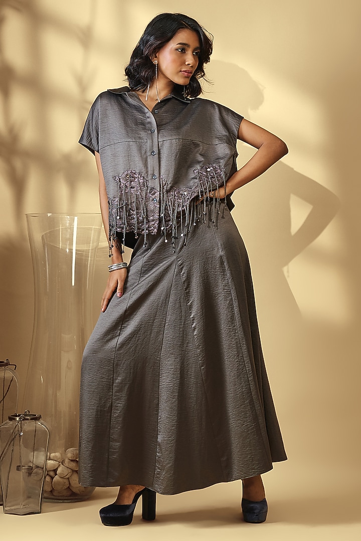 Charcoal Grey Velour Satin Lace Embroidered Skirt Set by Babita Malkani at Pernia's Pop Up Shop