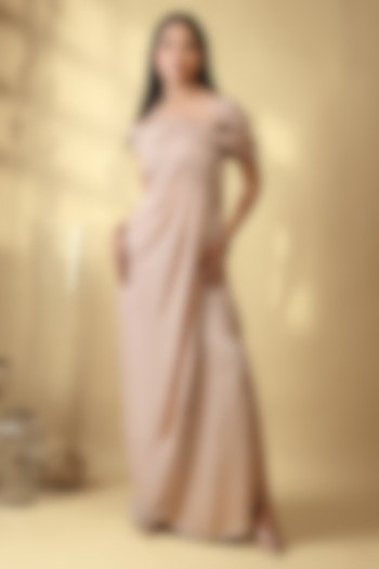 Dusty Nude Valour Satin Lace Embroidered Maxi Vacation Dress by Babita Malkani at Pernia's Pop Up Shop