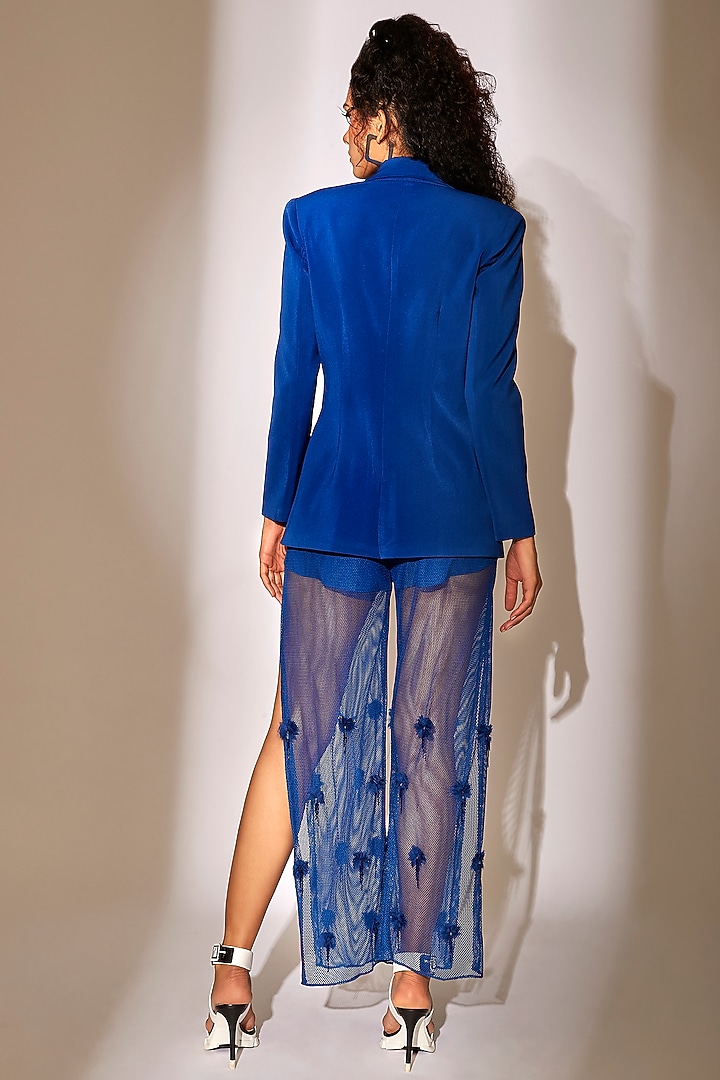 Blue Soft Mesh 3D Floral Embellished Pant Set by Babita Malkani at Pernia's Pop Up Shop