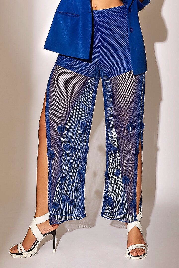 Blue Soft Mesh 3D Floral Embellished Pant Set by Babita Malkani at Pernia's Pop Up Shop