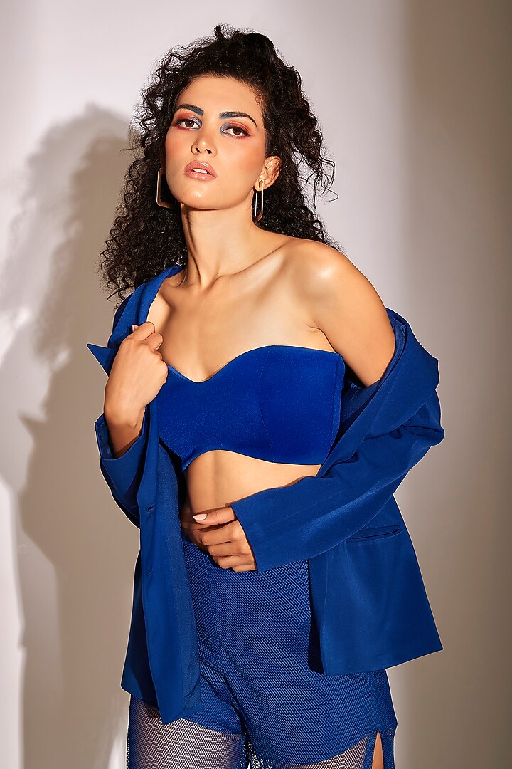 Blue Soft Mesh 3D Floral Embellished Pant Set by Babita Malkani at Pernia's Pop Up Shop