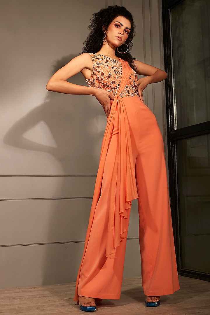Orange Crepe Embellished Jumpsuit by Babita Malkani