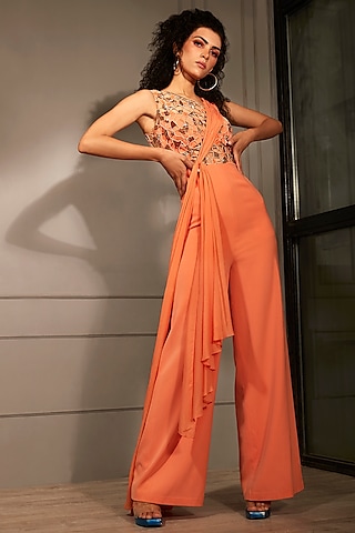 Orange Crepe Embellished Jumpsuit by Babita Malkani