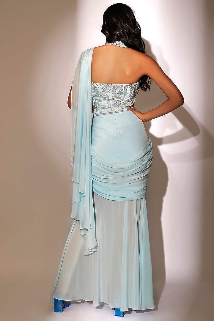 Powder Blue Embroidered Wedding Gown Saree by Babita Malkani at Pernia's Pop Up Shop