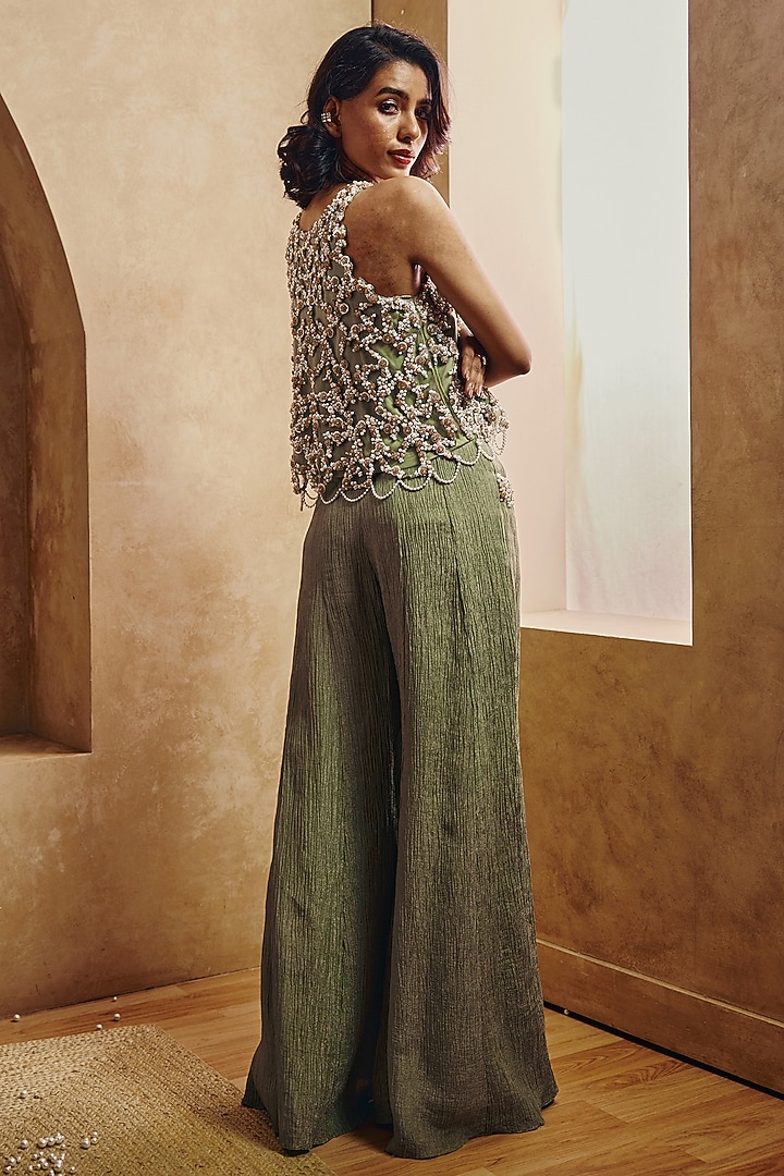 Moss Green Crushed Shimmer Silk Wide-Leg Trousers Set by Babita Malkani at Pernia's Pop Up Shop