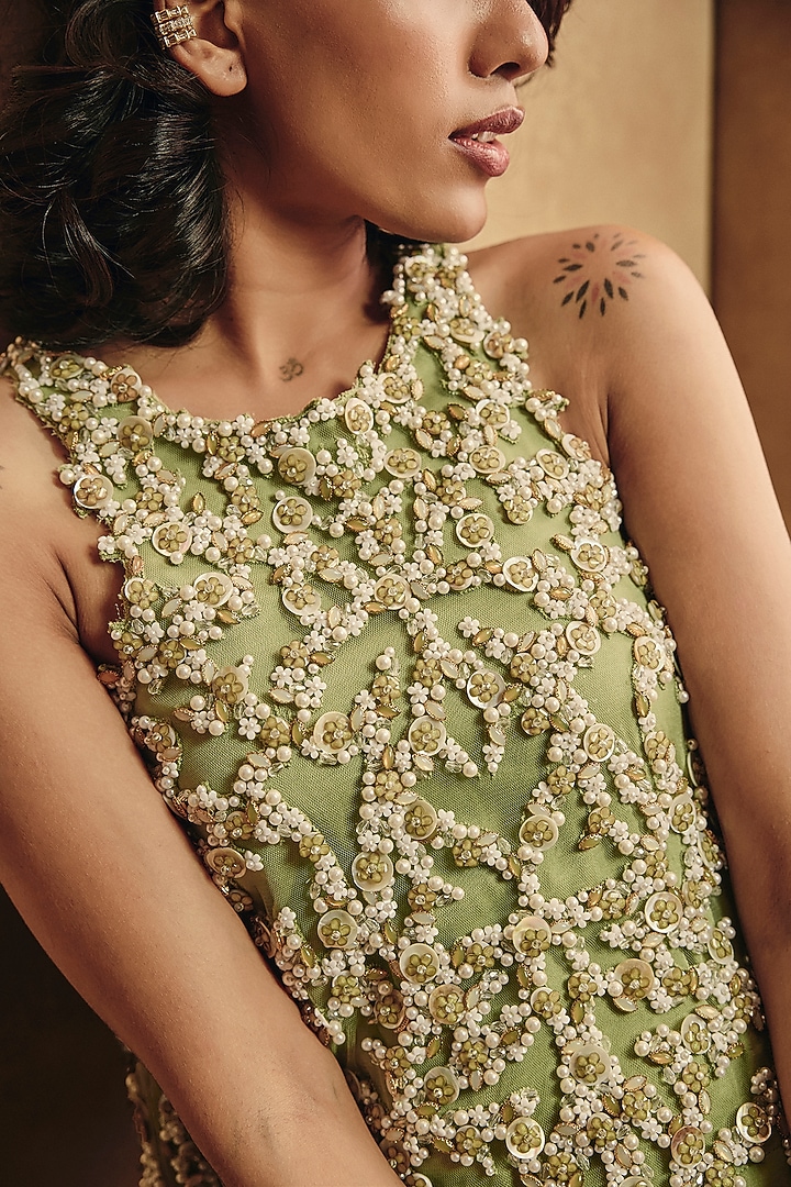 Moss Green Crushed Shimmer Silk Wide-Leg Trousers Set by Babita Malkani at Pernia's Pop Up Shop