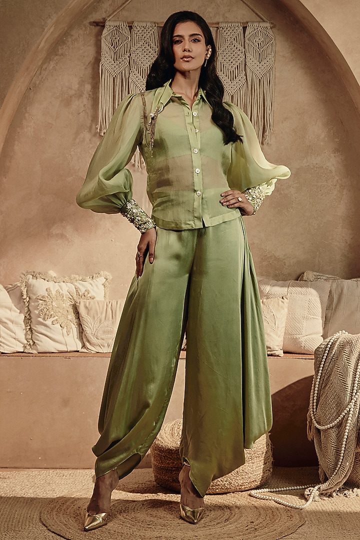 Moss Green Satin Draped Trousers Set by Babita Malkani at Pernia's Pop Up Shop