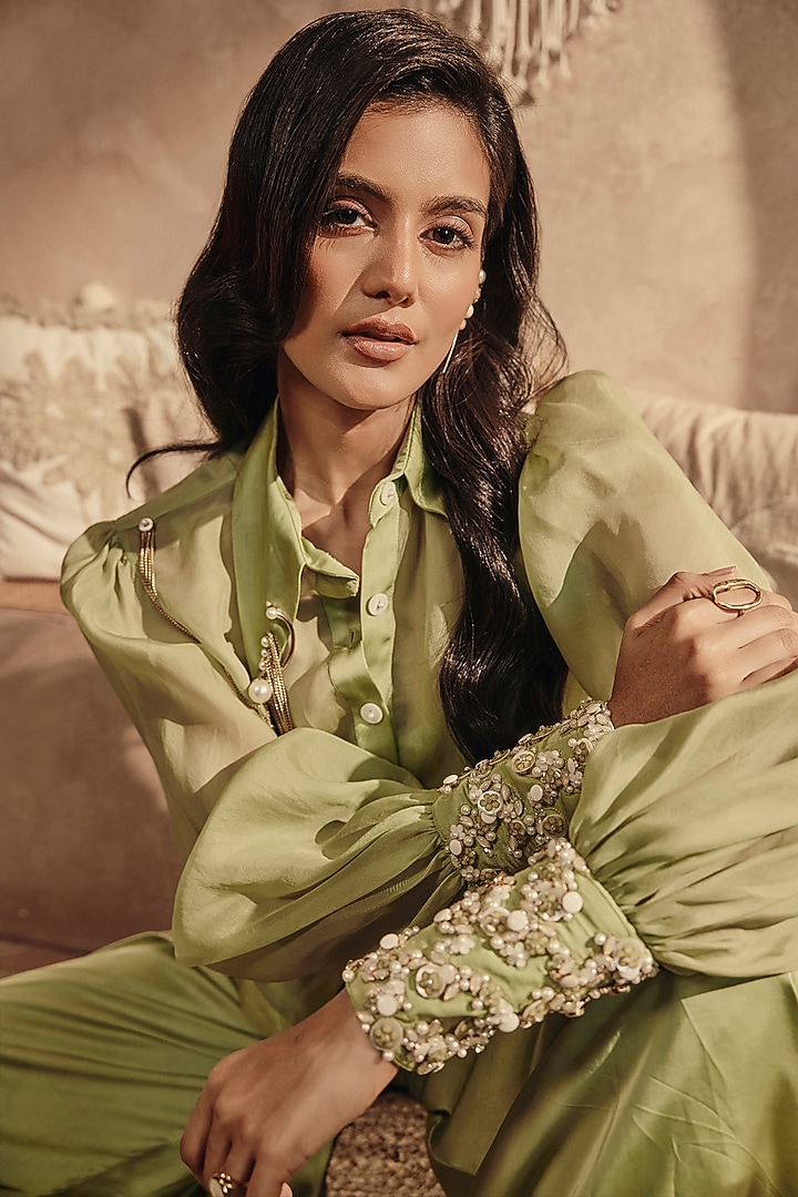 Moss Green Satin Draped Trousers Set by Babita Malkani at Pernia's Pop Up Shop