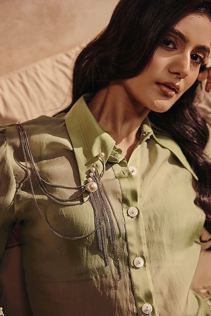 Moss Green Satin Draped Trousers Set by Babita Malkani at Pernia's Pop Up Shop