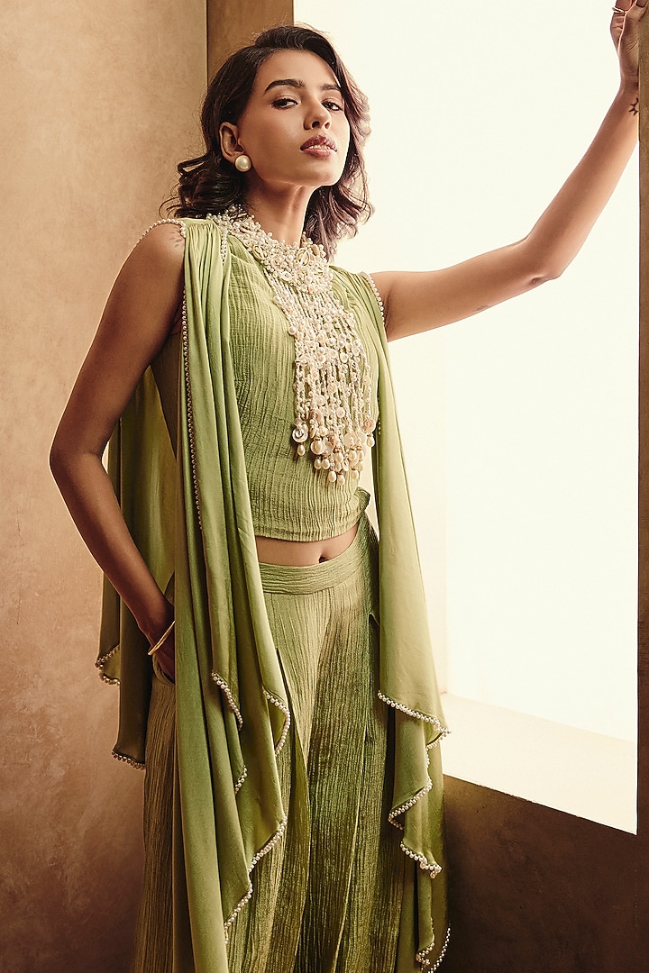 Moss Green Crushed Shimmer Silk Wide-Leg Trousers Set by Babita Malkani at Pernia's Pop Up Shop