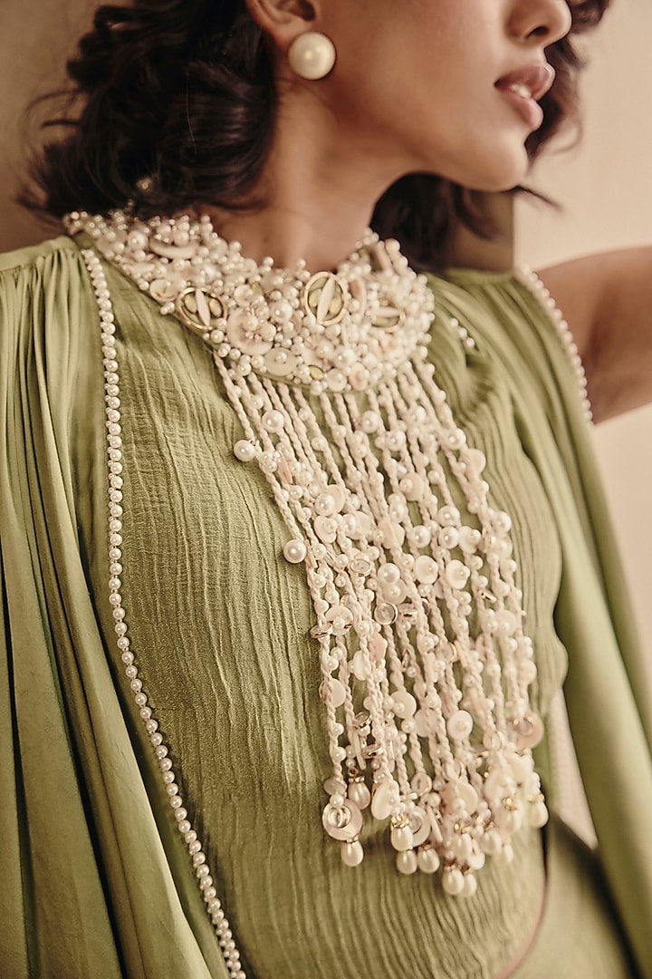 Moss Green Crushed Shimmer Silk Wide-Leg Trousers Set by Babita Malkani at Pernia's Pop Up Shop