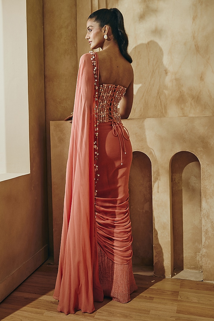 Burnished Coral Crushed Shimmer Silk Draped Skirt Set by Babita Malkani at Pernia's Pop Up Shop