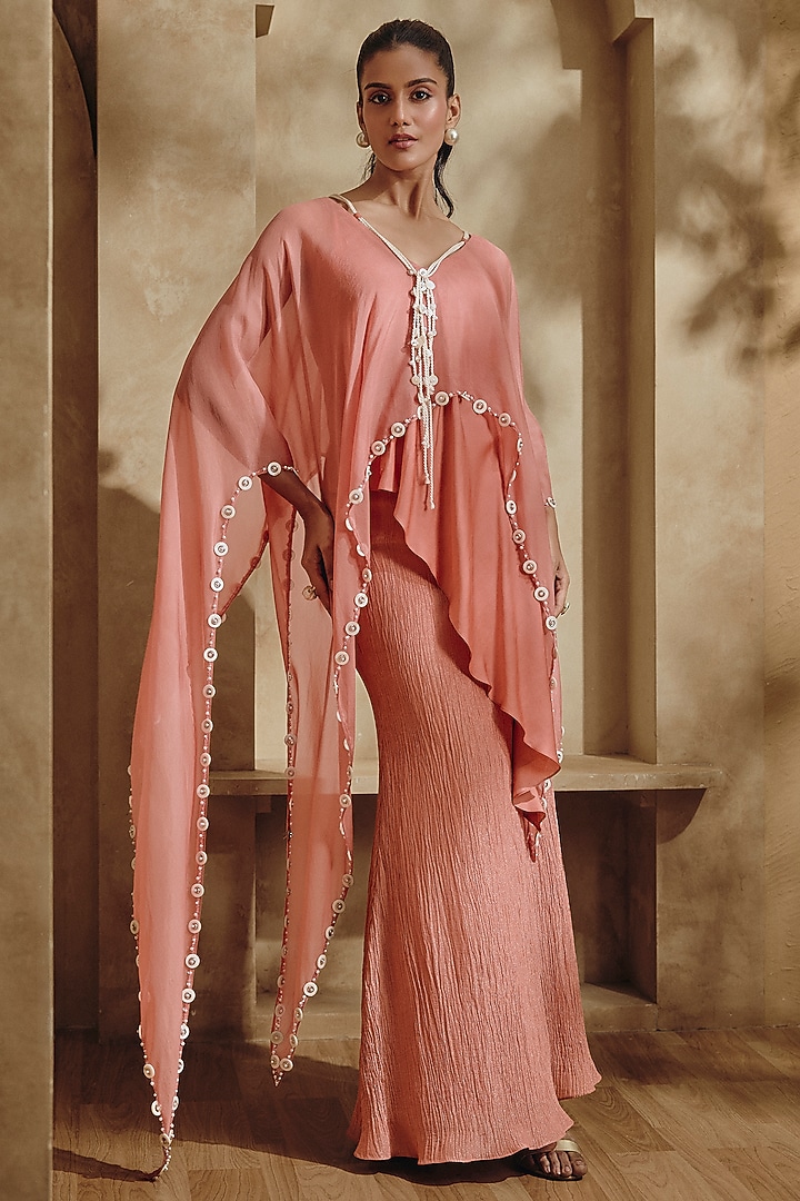 Burnished Coral Crushed Shimmer Silk Skirt Set by Babita Malkani at Pernia's Pop Up Shop