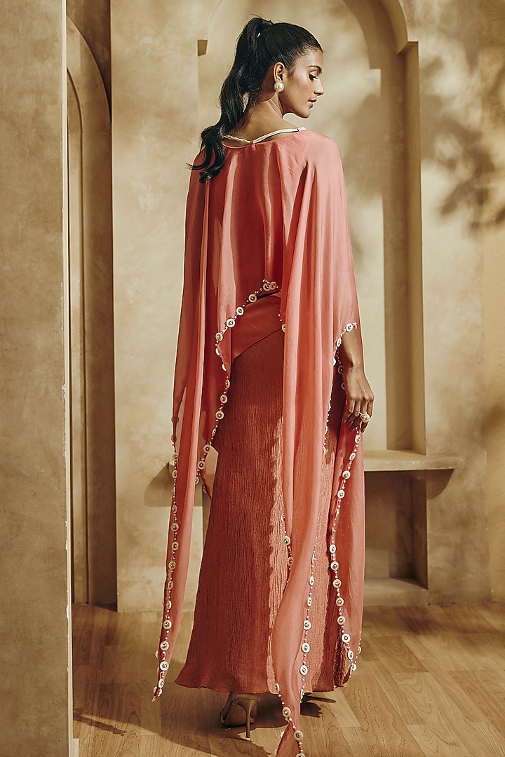 Burnished Coral Crushed Shimmer Silk Skirt Set by Babita Malkani at Pernia's Pop Up Shop