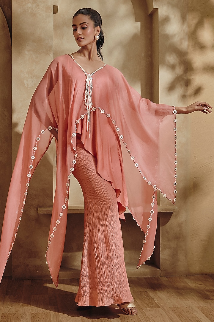 Burnished Coral Crushed Shimmer Silk Skirt Set by Babita Malkani at Pernia's Pop Up Shop