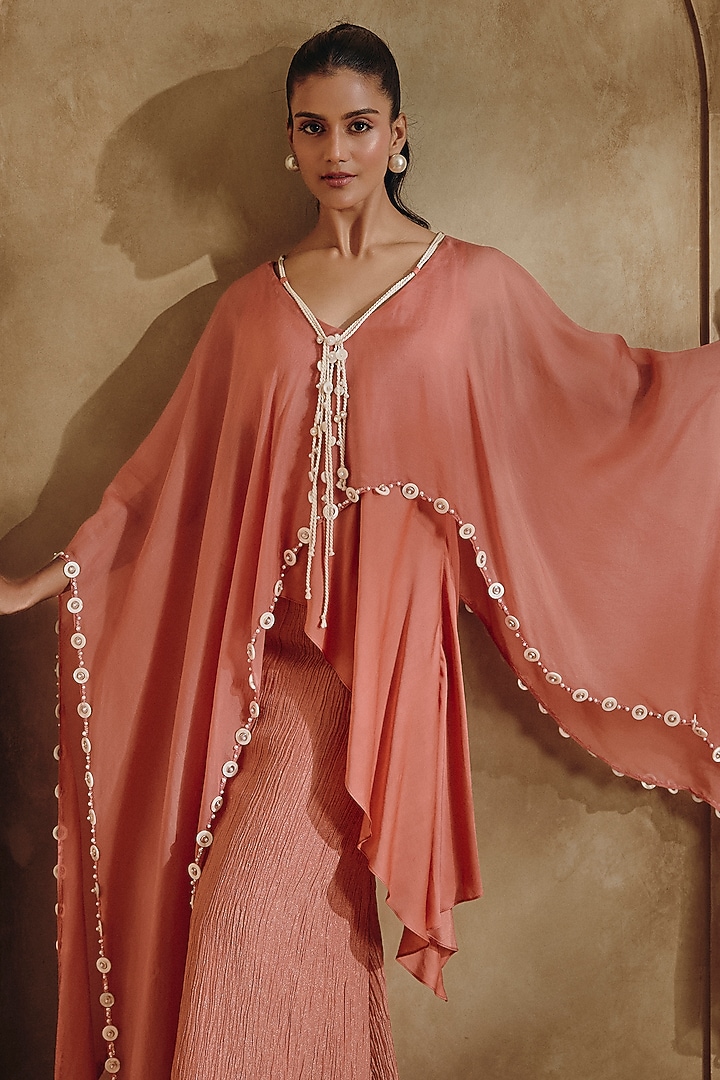 Burnished Coral Crushed Shimmer Silk Skirt Set by Babita Malkani at Pernia's Pop Up Shop