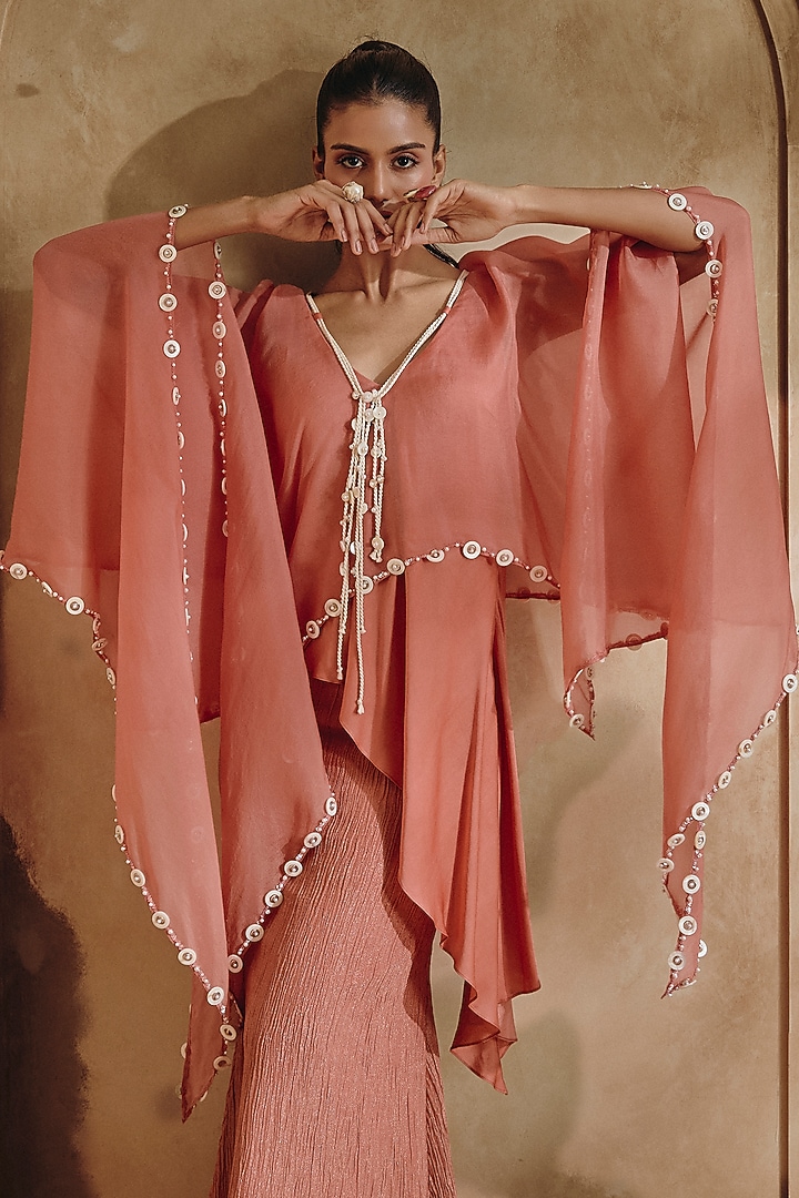 Burnished Coral Crushed Shimmer Silk Skirt Set by Babita Malkani at Pernia's Pop Up Shop