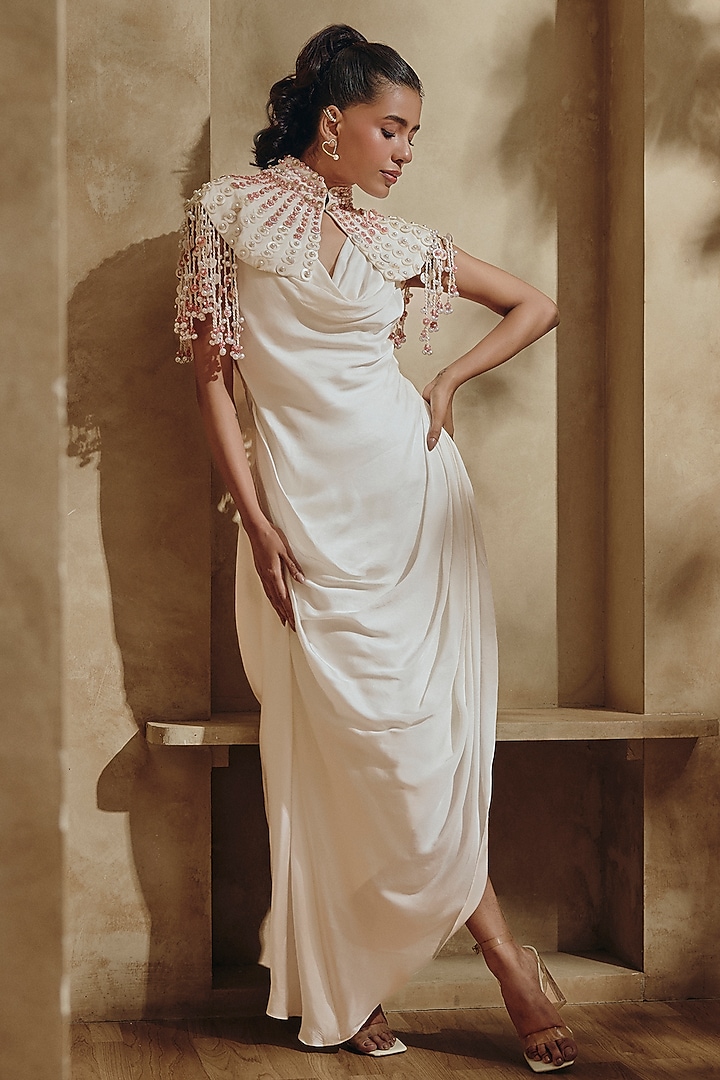 Pearl Ivory Satin Draped Party Wear Dress by Babita Malkani at Pernia's Pop Up Shop