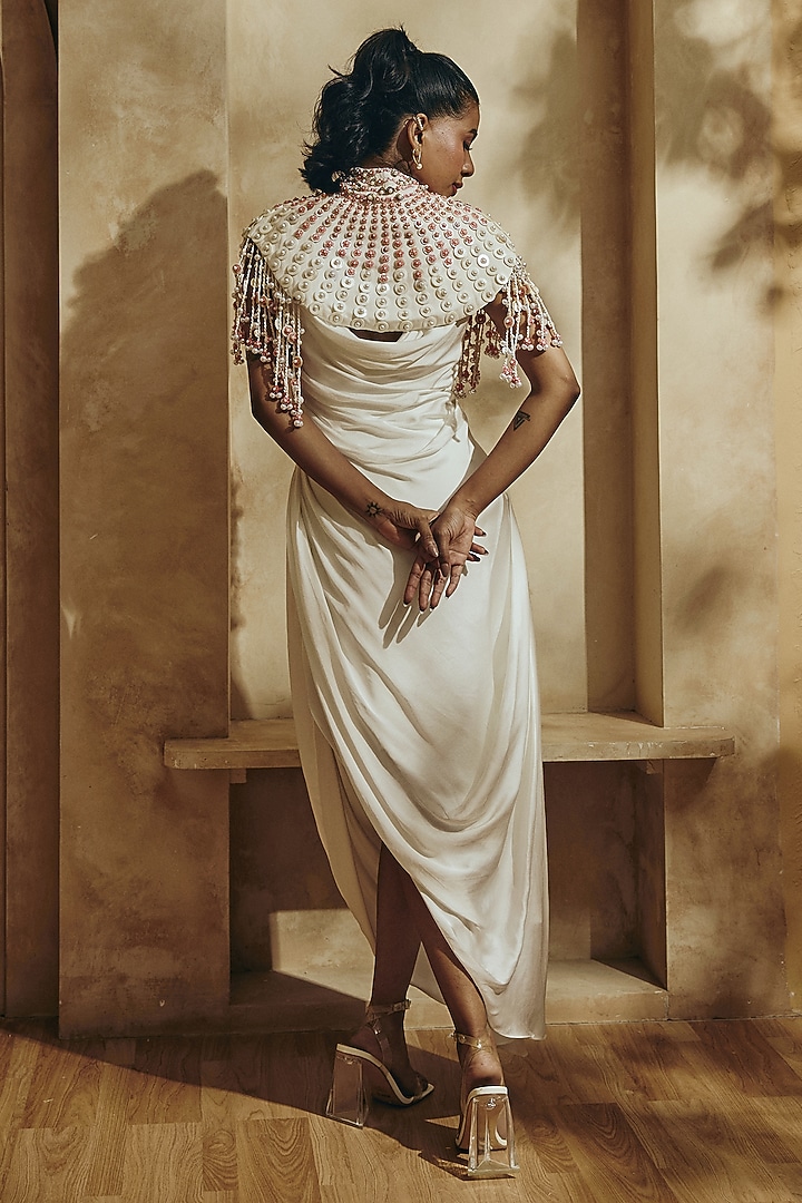 Pearl Ivory Satin Draped Party Wear Dress by Babita Malkani at Pernia's Pop Up Shop