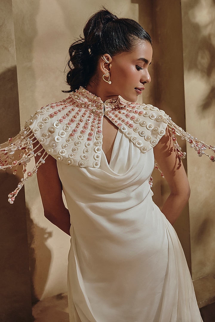 Pearl Ivory Satin Draped Party Wear Dress by Babita Malkani at Pernia's Pop Up Shop