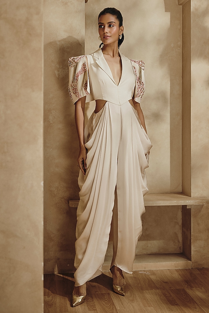 Pearl Ivory Satin Bead Work Tailored Jumpsuit by Babita Malkani at Pernia's Pop Up Shop