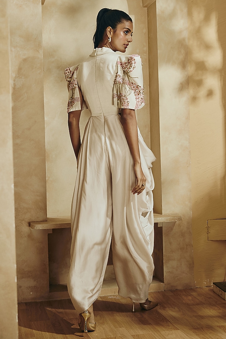 Pearl Ivory Satin Bead Work Tailored Jumpsuit by Babita Malkani at Pernia's Pop Up Shop