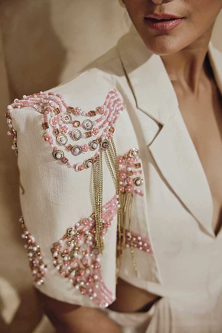 Pearl Ivory Satin Bead Work Tailored Jumpsuit by Babita Malkani at Pernia's Pop Up Shop