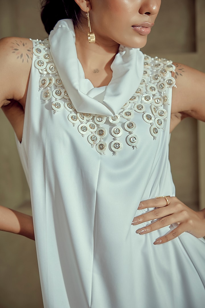 Pearl Ivory Nacre Satin Pearl Embellished Balloon Cocktail Dress by Babita Malkani at Pernia's Pop Up Shop