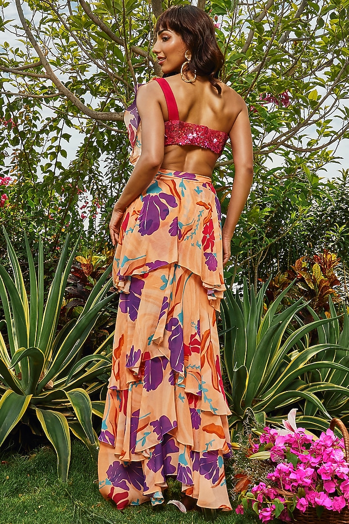 Peach Georgette Floral Printed Ruffled Party Wear Saree by Babita Malkani at Pernia's Pop Up Shop
