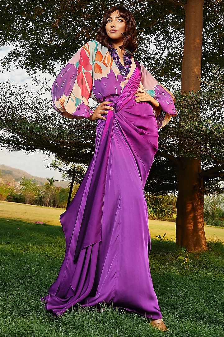 Purple Satin Draped Festive Saree by Babita Malkani at Pernia's Pop Up Shop