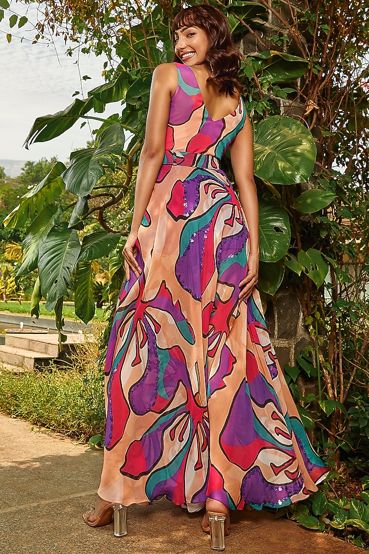 Peach Organza Floral Printed Cowl Maxi Cocktail Dress by Babita Malkani at Pernia's Pop Up Shop