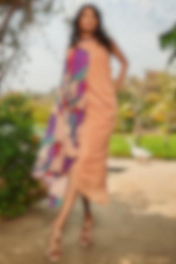 Peach Georgette Floral Printed & Sequins Embroidered One-Shoulder Cape by Babita Malkani at Pernia's Pop Up Shop