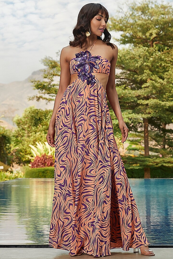 Peach Crepe Floral Applique Embroidered Maxi Dress by Babita Malkani at Pernia's Pop Up Shop