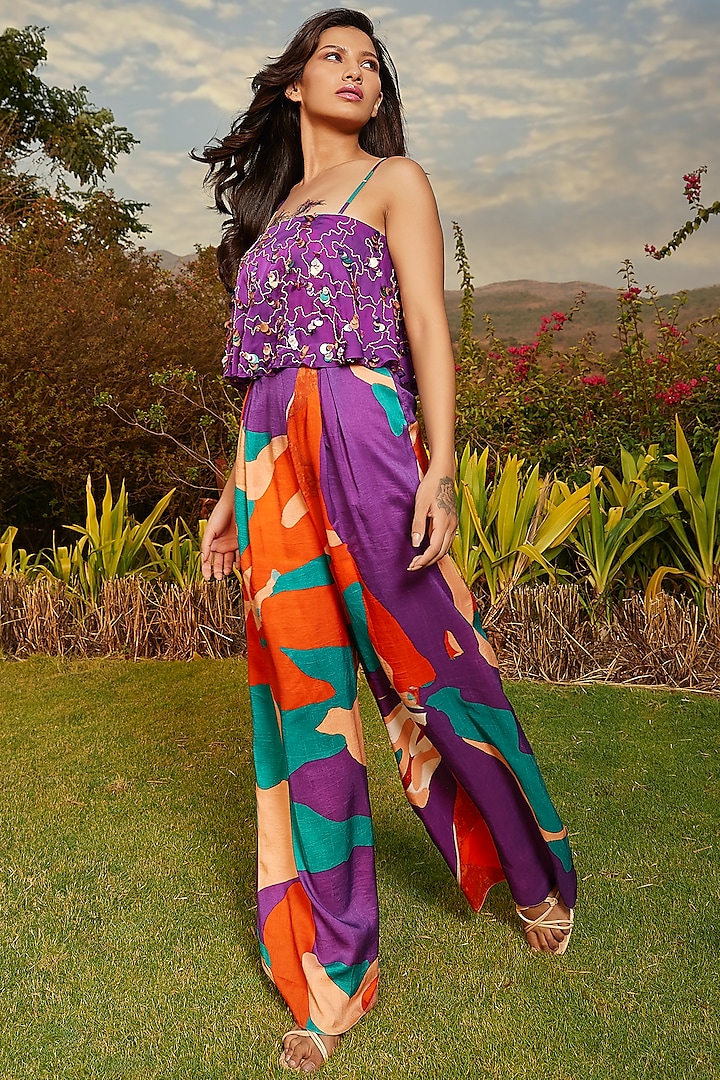 Purple Silk Hand Embroidered Pleated Jumpsuit by Babita Malkani at Pernia's Pop Up Shop