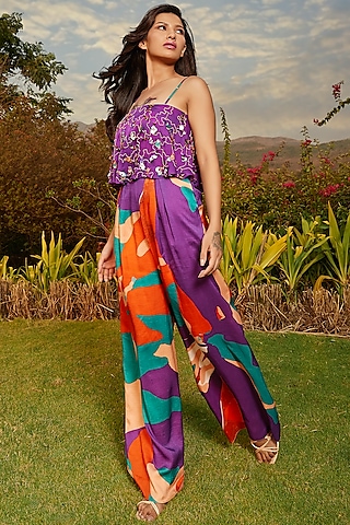 Purple Silk Hand Embroidered Pleated Jumpsuit by Babita Malkani