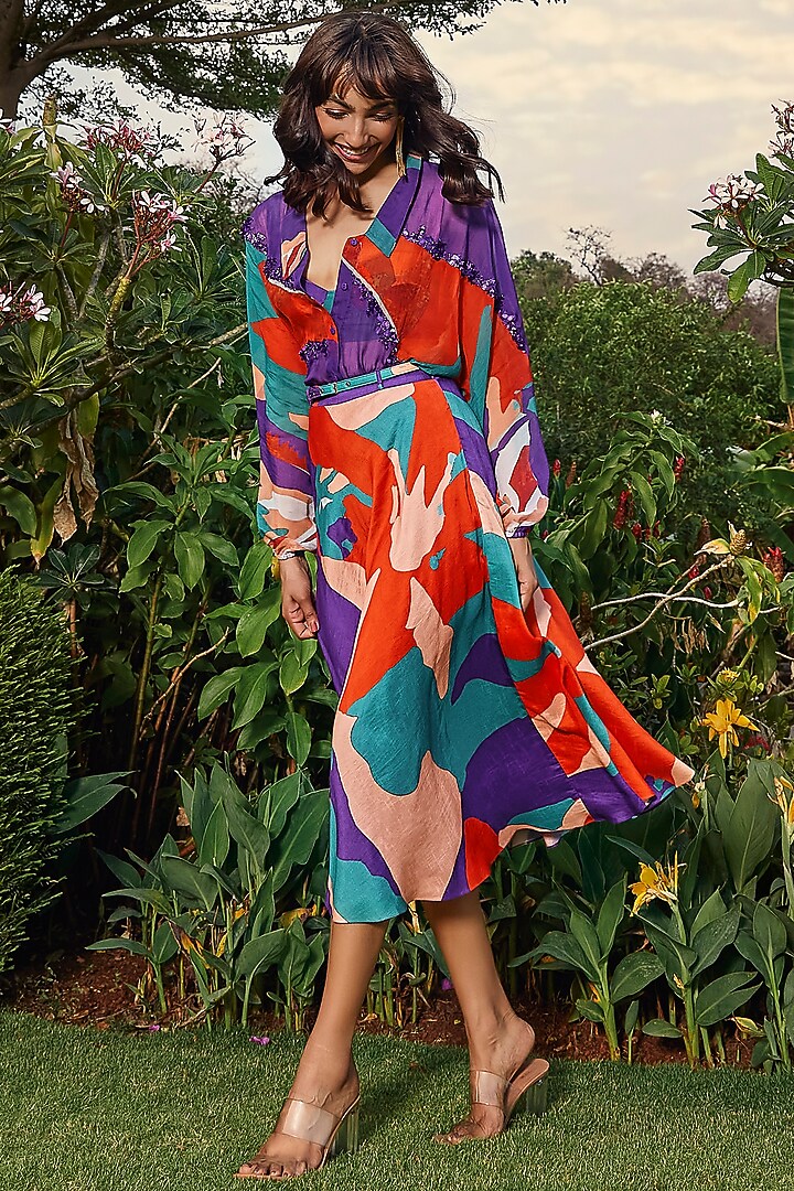 Rust & Purple Silk Hand Embroidered Shirt by Babita Malkani at Pernia's Pop Up Shop