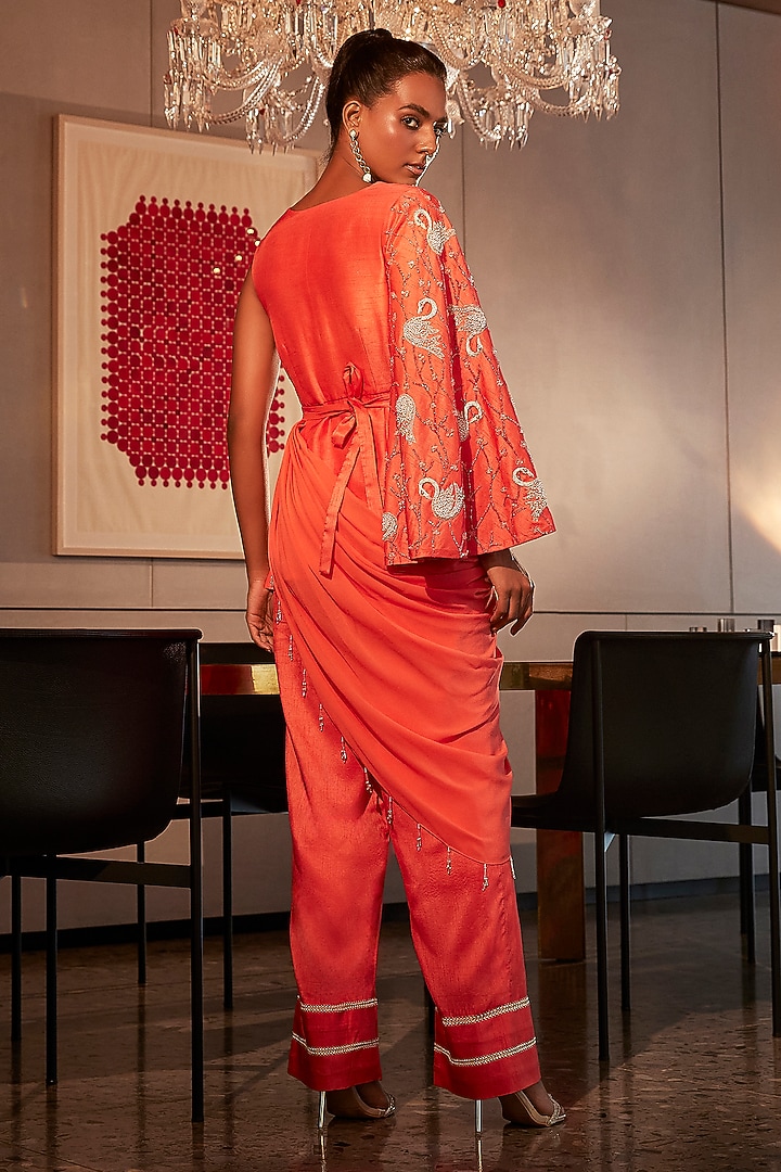 Coral Silk Pearl Work Asymmetric Co-Ord Set by Babita Malkani at Pernia's Pop Up Shop