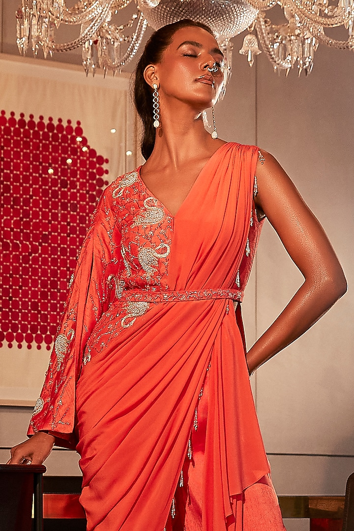 Coral Silk Pearl Work Asymmetric Co-Ord Set by Babita Malkani at Pernia's Pop Up Shop